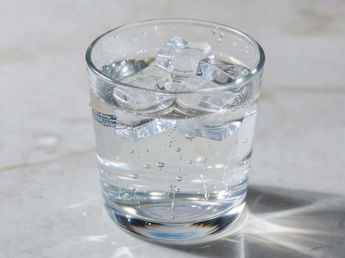 Clear ice cubes floating at the top of a glass of water