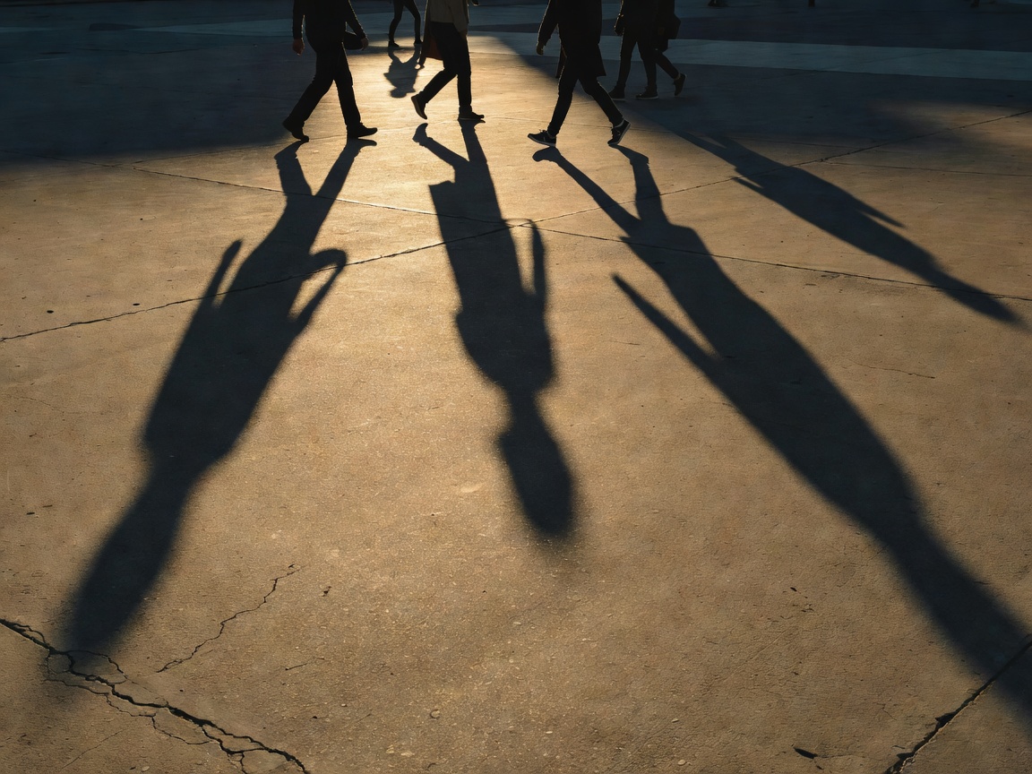 Long dramatic shadows cast by people walking across concrete