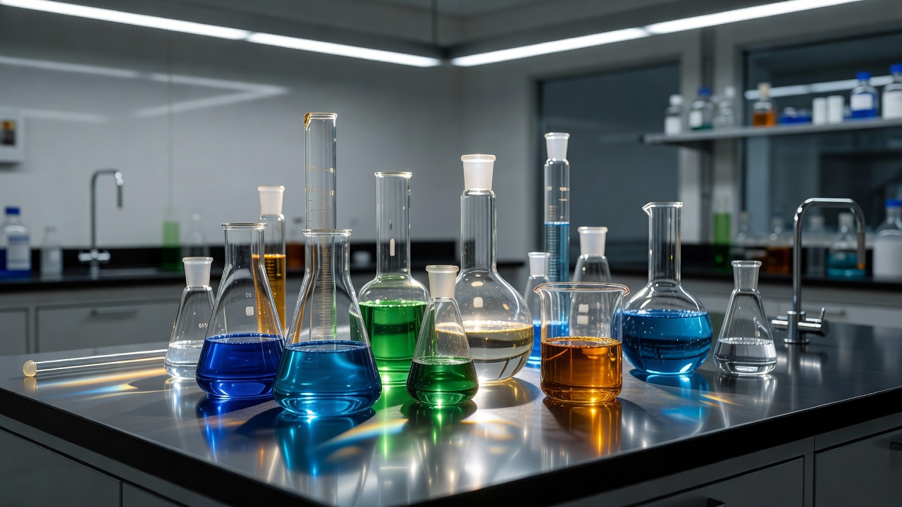 Scientific glassware with liquids under laboratory lighting