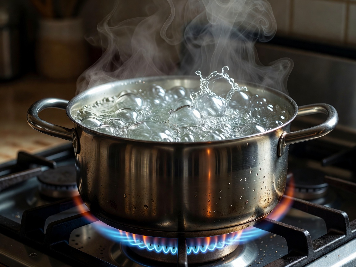 Water boiling in a metal pot on a stove top